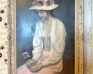 Steven Chudova Signed Portrait of a Woman Holding a Rose in Ornate Gilt Frame