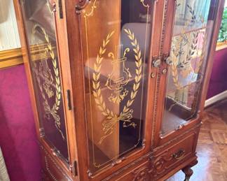 Victorian Revival Carved Mahogany Curio Display Cabinet with Gilt Lyre Etched Glass & Claw Feet