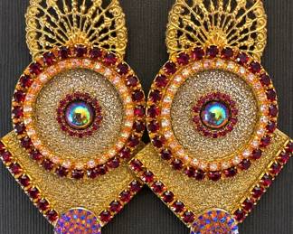 Jeweled Gold-Tone Filigree Statement Earrings with Ruby Red & Aurora Borealis Rhinestones