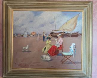 J. Collar Signed “Paris 1900” Belle Époque Beach Scene Oil Painting with Ladies, Sailboat & Dog