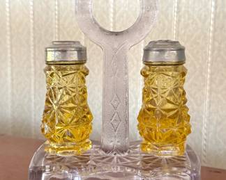 Pressed Glass Amber Salt & Pepper Shakers with Clear Glass Caddy