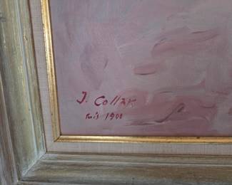 J. Collar Signed “Paris 1900” Belle Époque Beach Scene Oil Painting with Ladies, Sailboat & Dog