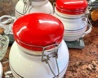 Italian Ceramic Striped Clamp-Lid Kitchen Canister Jars with Red Lids – Set of 3