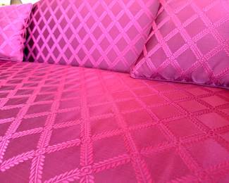 Curved Camelback Sofa with Red Diamond Damask Upholstery