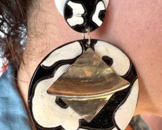 Black & Ivory Abstract Geometric Statement Earrings with Sculptural Gold-Tone Accent