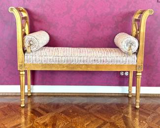 Hollywood Regency Neoclassical Giltwood Gondola Bench with Bolster Pillows