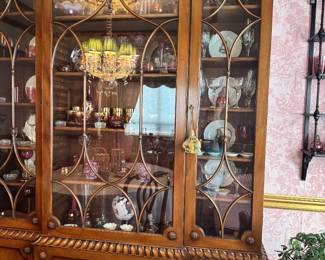 Chippendale Style Mahogany Breakfront China Cabinet with Gothic Arched Glass Doors