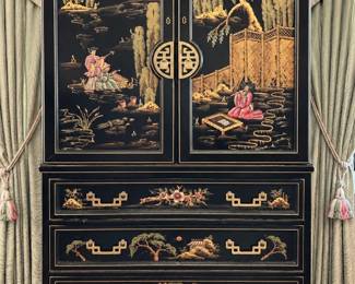 Jasper Original Hand-Painted Chinoiserie Black Lacquer Lighted Armoire Cabinet