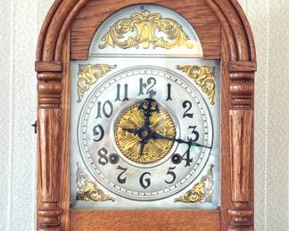Oak Gothic Revival Mantel Clock with Ornate Gilt & Silver-Tone Dial