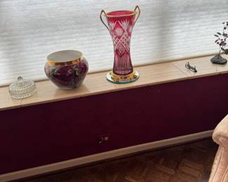 Ruby Red Cut Crystal Trophy Vase with Gilt Bronze Handles & Base