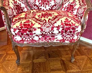 Louis XV Style Carved Wood Bergère Armchair with Red & Ivory Floral Damask Upholstery