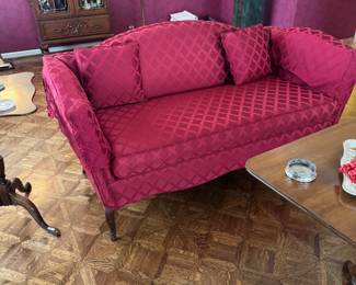 Ruby Red Diamond-Pattern Curved Back Settee Sofa with Accent Pillows 