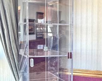 Lucite Acrylic Illuminated Mirrored Curio Display Cabinet with Glass Shelves
