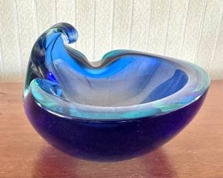 Murano-Style Blue & Aqua Hand-Blown Art Glass Freeform Bowl