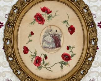 Victorian Floral Silk Embroidery with Fashion Portrait in Ornate Gilt Oval Frame