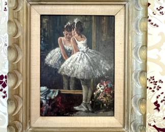 Signed Impressionist Ballerinas at the Mirror Oil Painting in Carved Giltwood Frame