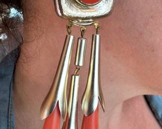 Oversized Gold-Tone Modernist Chandelier Earrings with Coral-Color Cabochons & Drops