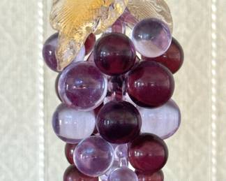 Murano Italian Art Glass Grape Cluster Champagne Flutes with Applied Amethyst & Cranberry Grapes and Gold-Flecked Leaves
