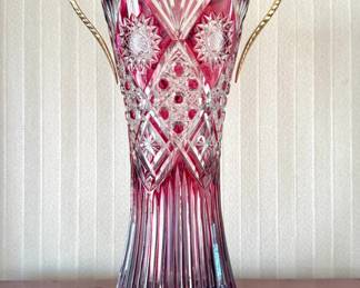 Bohemian Ruby-Cut-to-Clear Crystal Vase with Gilt Bronze Mounts & Paw Feet