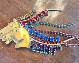 Double Horse Head Multicolor Rhinestone Statement Brooch with Cascading Jeweled Mane