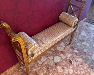 Neoclassical Giltwood Window Bench with X-Back Sides and Bolster Cushions