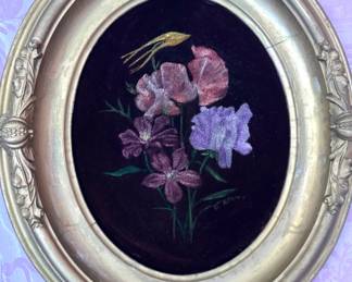 Victorian Floral Silk Embroidery on Black Velvet in Ornate Gilt Oval Cherub Frame
