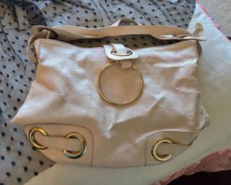 Big Buddha Cream Leather Shoulder Bag with Oversized Gold-Tone Ring & Grommet Hardware