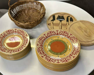 Lot 413: Decorative Dinner Plates, Cheese Board Set, and Wicker Basket