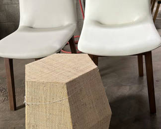 Lot 9: Two White Upholstered Dining Chairs and Woven Accent Stool