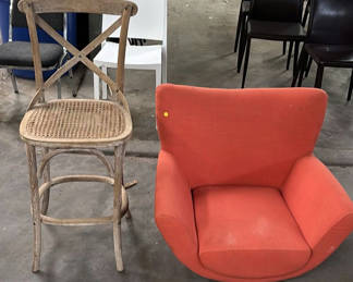 Lot 104: Wooden Bar Stool and Red Armchair