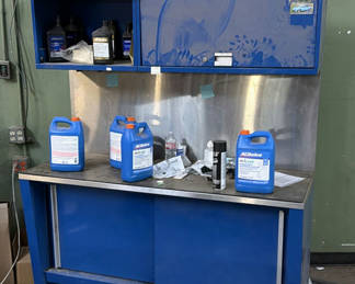 Lot 427: Blue Metal Workbench Cabinet with ACDelco Fluid Containers