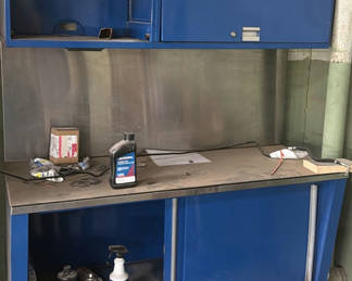 Lot 41: Blue Metal Workbench and Wall Cabinet Set