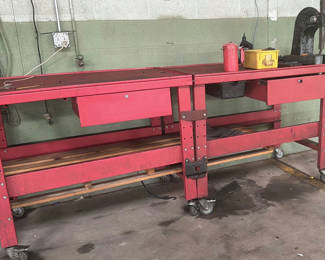 Lot 38: Red Metal Rolling Workbench With Drawers