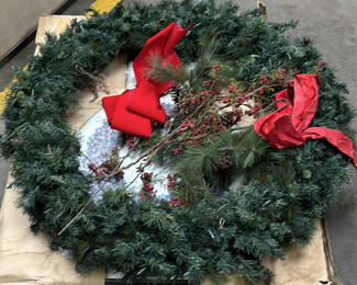 Lot 112: Artificial Christmas Wreath with Red Ribbon and Pinecone Accents