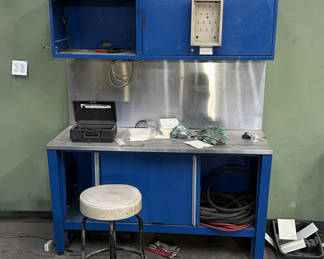 Lot 419: Industrial Metal Workbench with Overhead Cabinets and Stool
