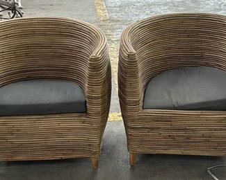 Lot 121: Pair of Rattan Barrel Chairs with Black Cushions
