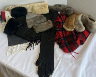 Lot 8: Fur Accessories, Leather Gloves, and Plaid Scarves