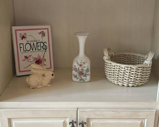 Lot 106: Flower Book, Ceramic Rabbit Figurine, Floral Vase, and Wicker Basket