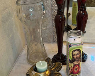 Lot 338: Glass Vase, Candle Holders, and Religious Prayer Candle