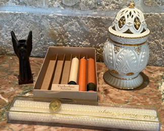 Lot 327: Decorative Jar, Candles, Angel Figurine, and Oak Forest Design Candle