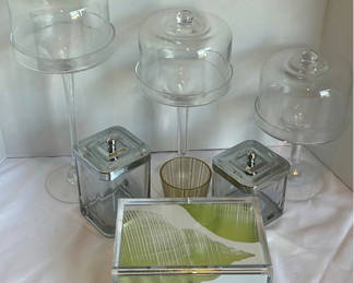 Lot 3: Glass Pedestal Display Stands, Canisters, Decorative Box, and Tumbler