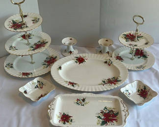 Lot 4: Vintage Holiday Floral Serving Platters, Tiered Stands, Bowls, and Candle Holders
