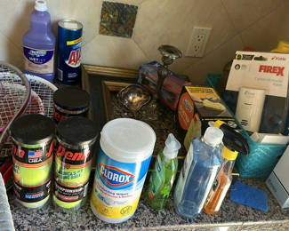 Lot 369: Wilson Tennis Rackets, Penn Tennis Balls, and Household Supplies