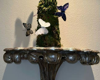 Lot 334: Decorative Wall Shelf with Moss Topiary and Butterfly Accents
