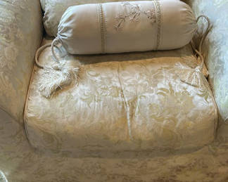 Lot 355: Floral Upholstered Armchair with Decorative Bolster Pillow