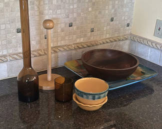 Lot 118: Wooden Bowl, Ceramic Bowls, Glass Vase, Paper Towel Holder, and Glass Candle Holder