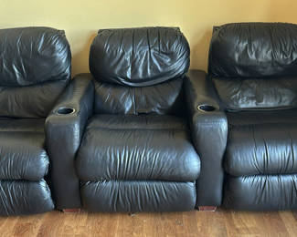 Lot 123: Set of Three Black Leather Recliner Chairs