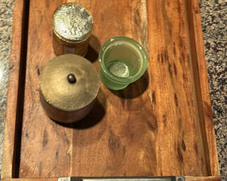 Lot 368: Wooden Tray with Decorative Containers and Candle Holder