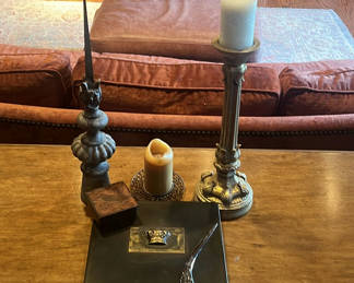 Lot 23: Decorative Candlesticks, Leather Box, Tray, and Metal Letter Opener