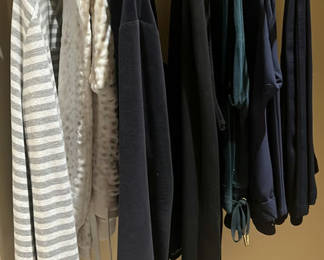 Lot 30: Theory striped cardigan, Andrew Marc Sport vest, and assorted women’s clothing